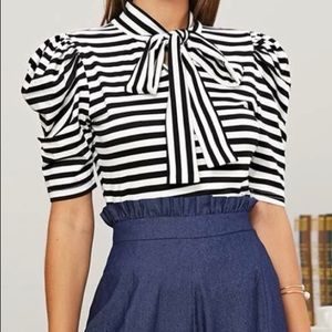 SHEIN Pussycat Bow Puff Sleeve Striped Blouse